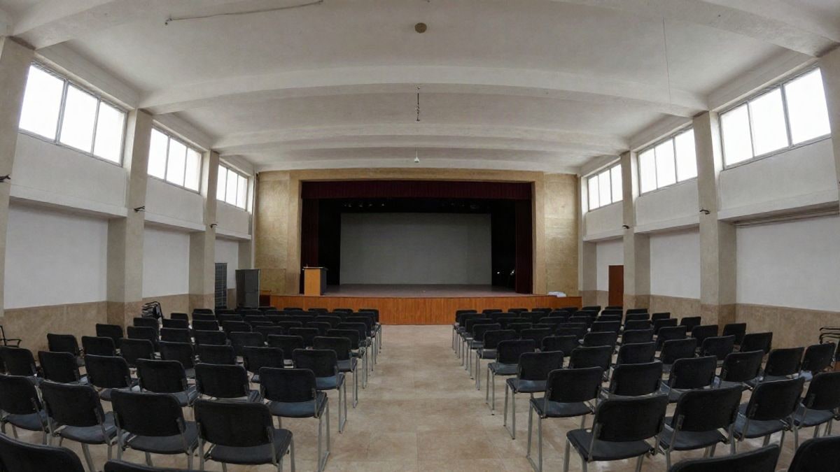Imagen ilustrativa: sala cívica municipal genérica con sillas vacías y un atril al fondo