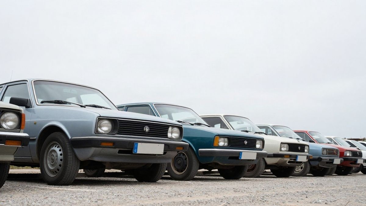 Imagen ilustrativa: fila de coches clásicos genéricos aparcados en un descampado de grava bajo un cielo nublado