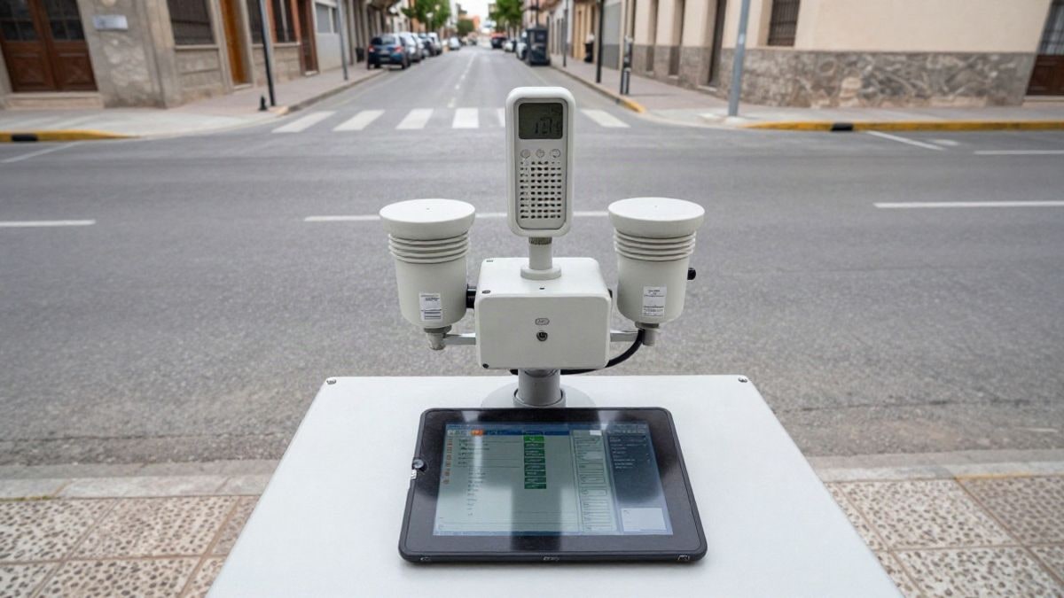 Imagen ilustrativa: vista cenital de una estación de monitoreo de inundaciones con sensores y una tableta mostrando datos en tiempo real
