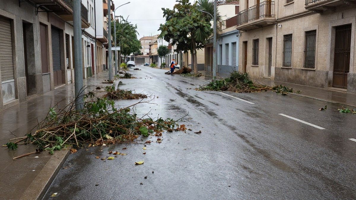 Imagen ilustrativa: calle urbana mojada con ramas caídas y restos de hojas tras las lluvias