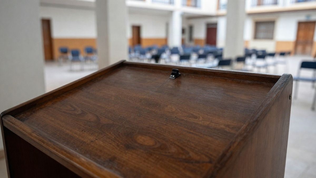 Imagen ilustrativa: detalle de la superficie de madera de un atril con micrófono en una sala institucional vacía
