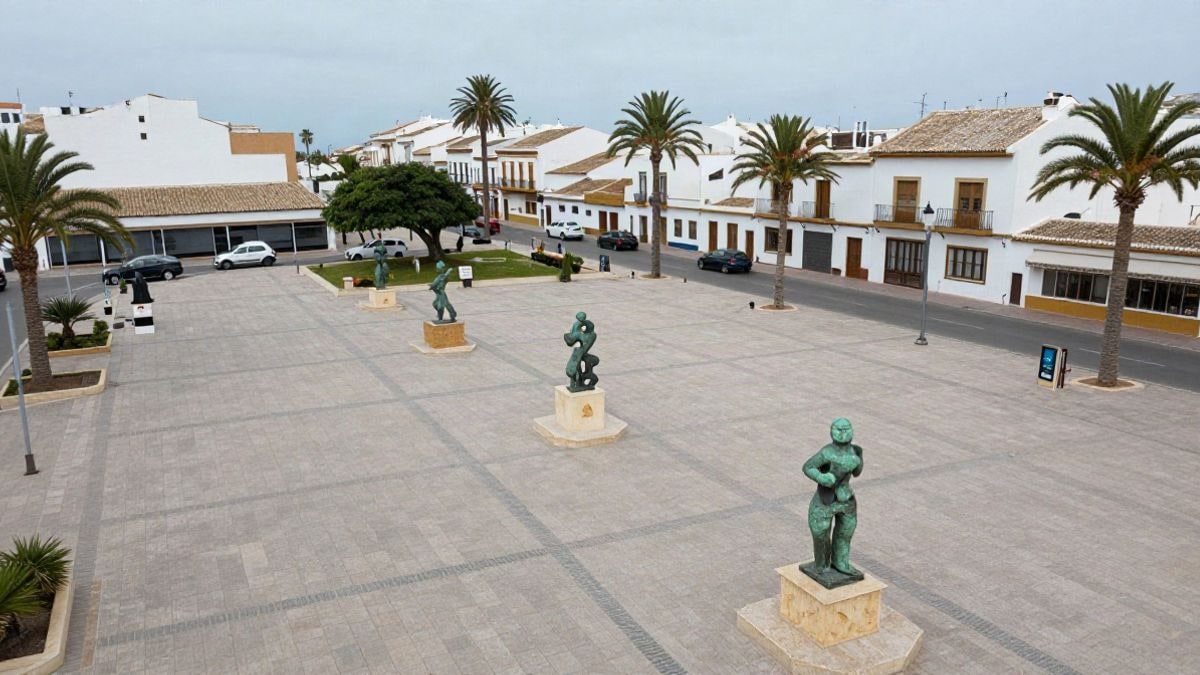 Imagen ilustrativa: vista cenital de una plaza costera con esculturas abstractas sobre pedestales