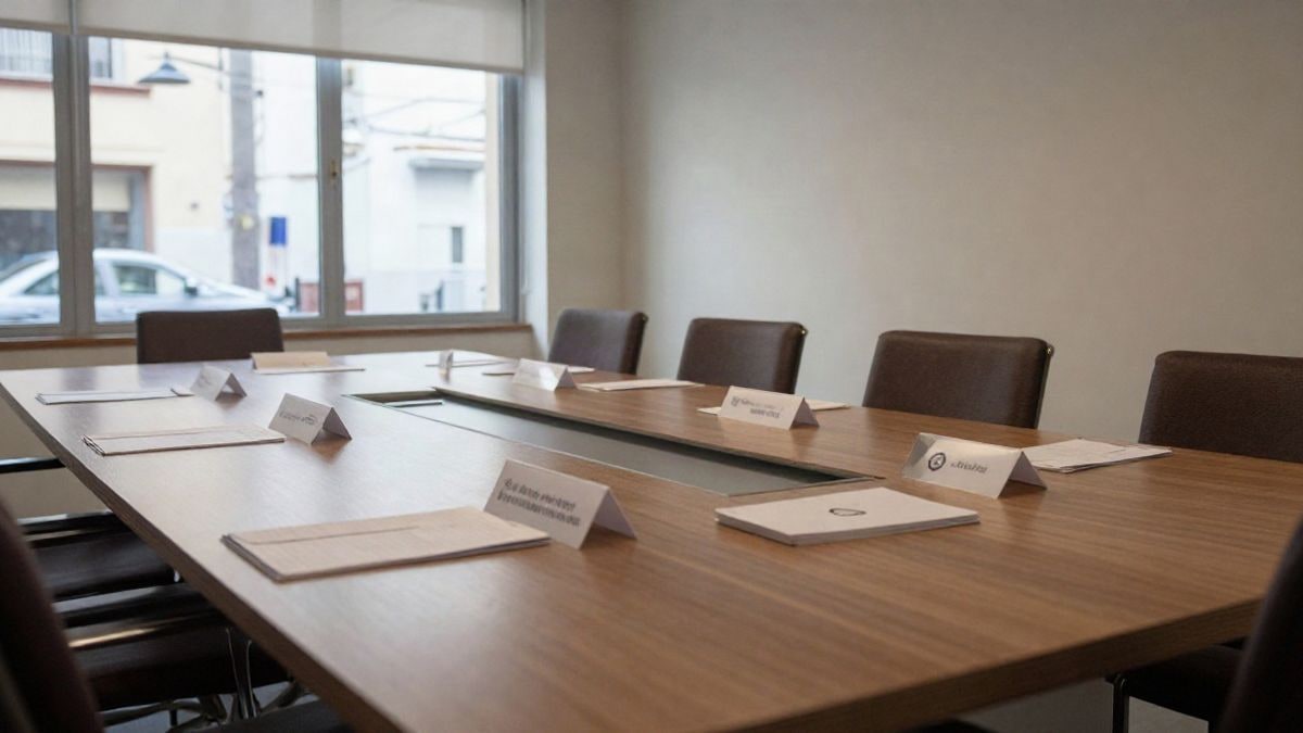 Imagen ilustrativa: mesa de reuniones vacía en una sala de conferencias con luz natural
