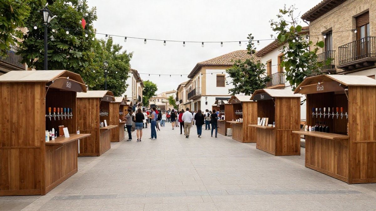 Imagen ilustrativa: plaza pública con puestos de cerveza artesana y luces colgantes durante un festival diurno