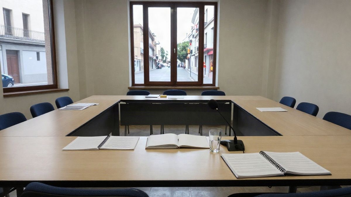 Imagen ilustrativa: sala de reuniones vacía con mesa larga y sillas en un edificio institucional