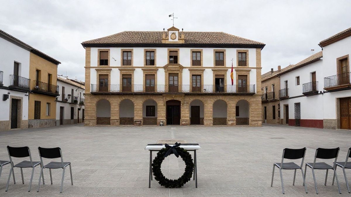 Imagen ilustrativa: una plaza española con un edificio consistorial y una mesa con crespón negro, sin personas