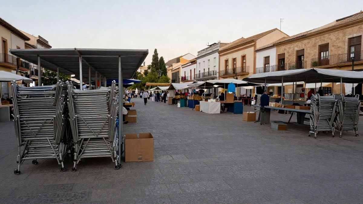 Imagen ilustrativa: plaza de mercado al aire libre con puestos plegados y cajas de cartón en el suelo