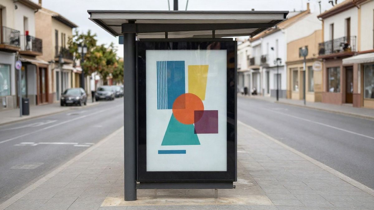 Imagen ilustrativa: vista cenital de una marquesina de autobús con un cartel de arte abstracto en una acera corriente