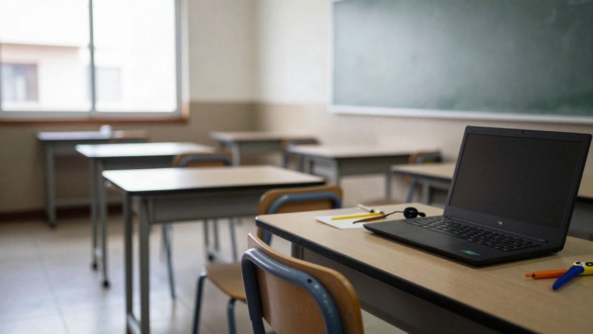 Imagen ilustrativa: aula de formación profesional con mesas vacías y herramientas sobre una mesa