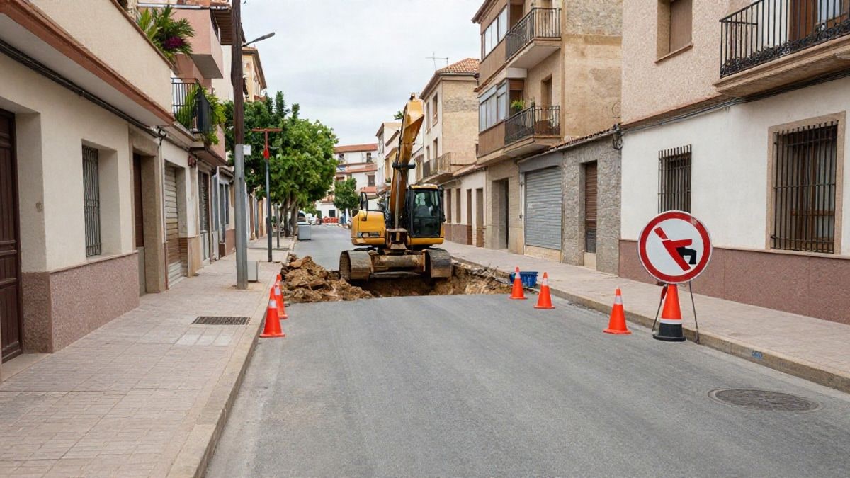 Imagen ilustrativa: calle con obras, conos naranjas y una excavadora junto a una zanja abierta