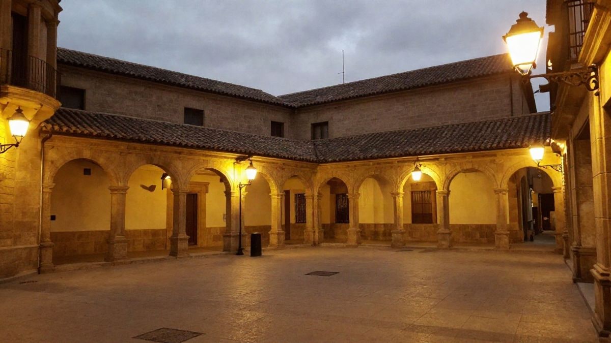 Imagen ilustrativa: patio de un museo iluminado con luz artificial nocturna