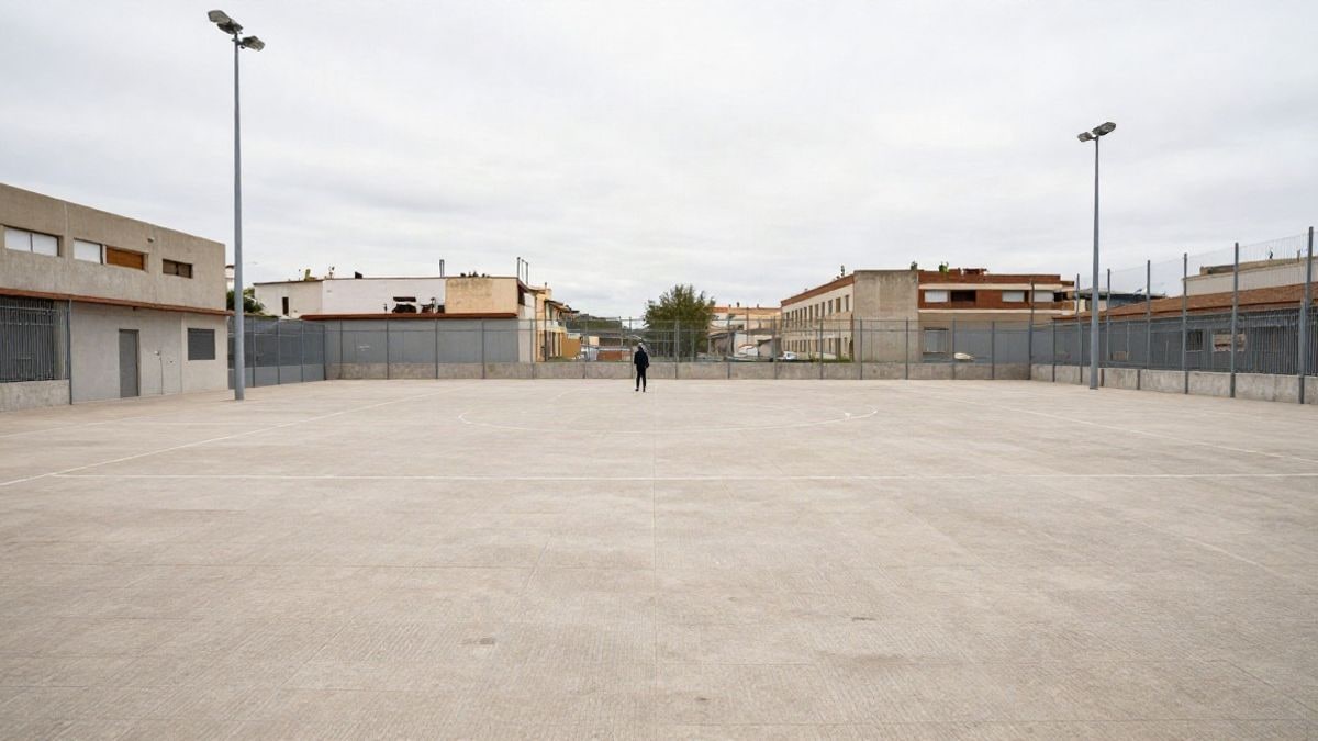 Imagen ilustrativa: patio de una instalación deportiva municipal genérica con una persona solitaria al fondo