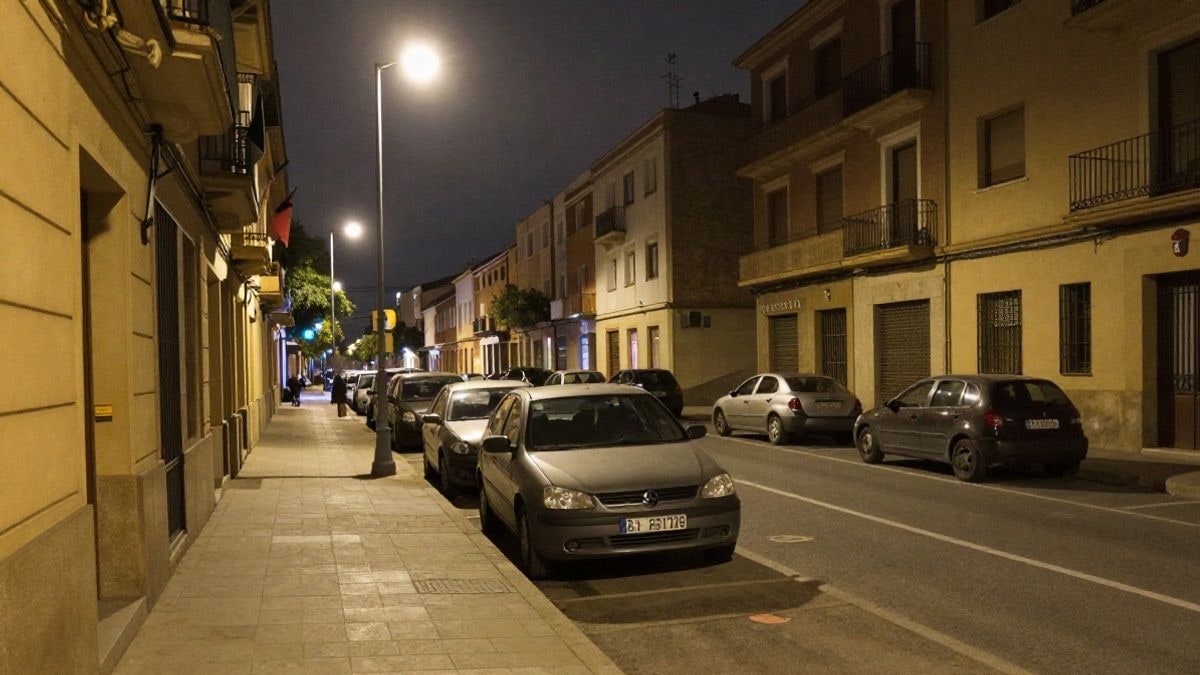 Imagen ilustrativa: patinetes eléctricos aparcados en una acera de noche bajo farolas