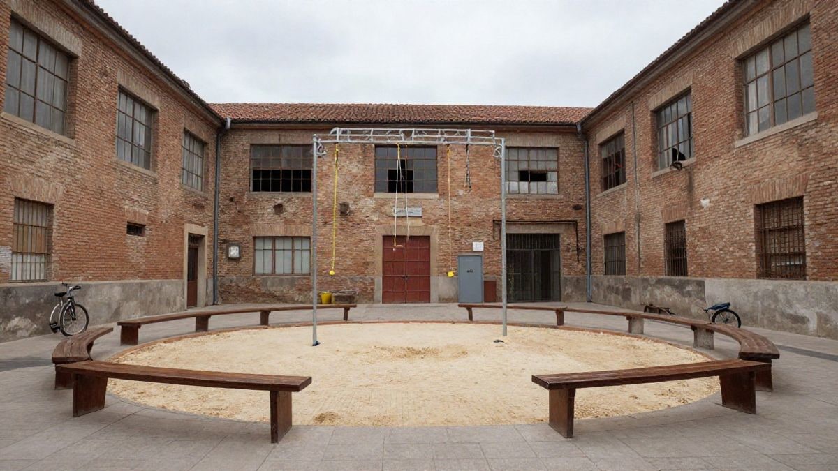 Imagen ilustrativa: patio de una antigua fábrica habilitado como recinto de circo con pista y material acrobático