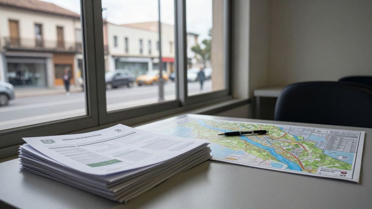 Imagen ilustrativa: escritorio municipal con informes ambientales y un mapa de cuenca fluvial junto a la ventana