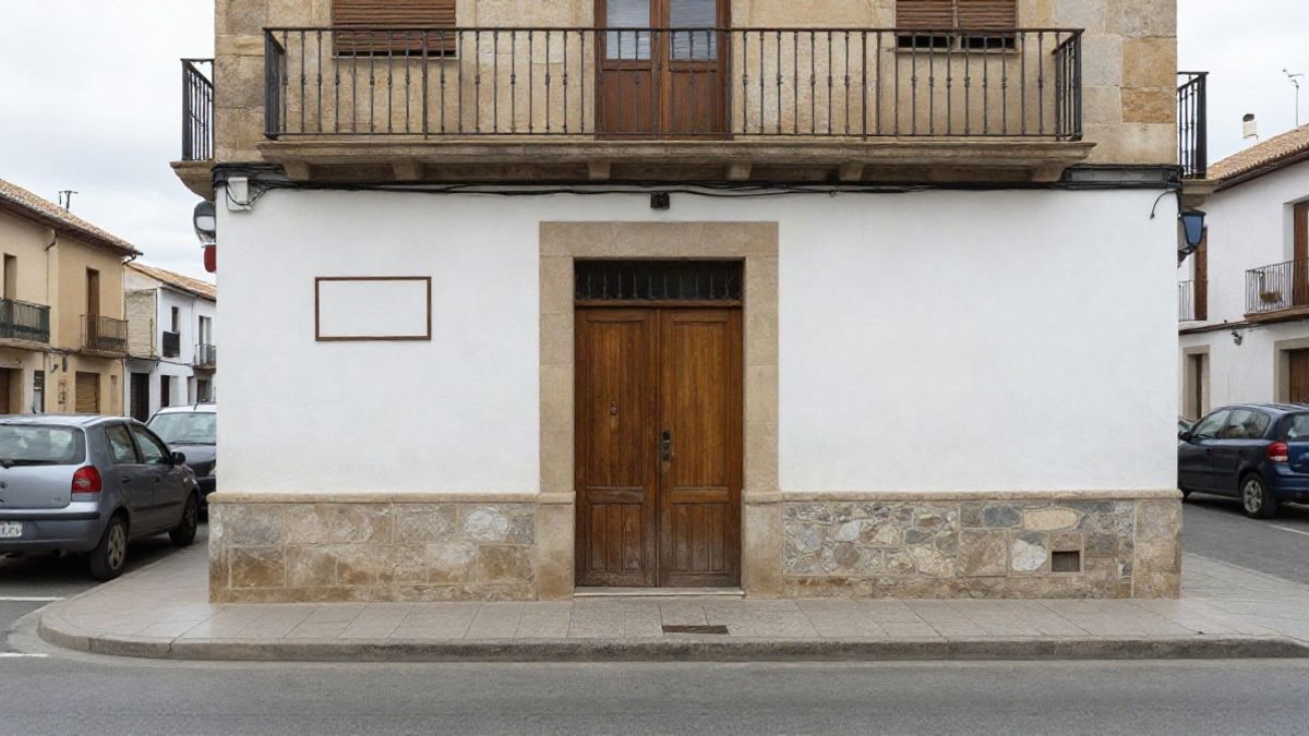 Imagen ilustrativa: calle corriente de un pueblo español con una fachada sencilla y coches aparcados en un día nublado