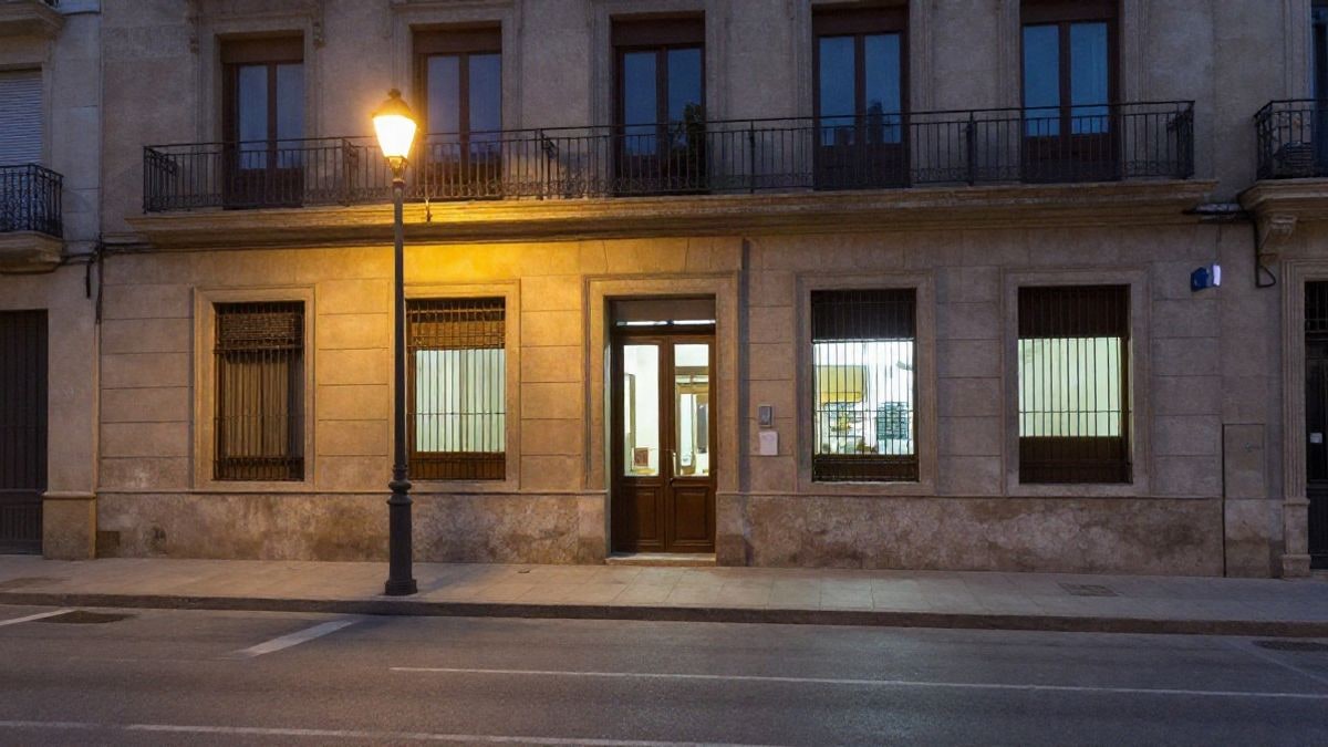 Imagen ilustrativa: fachada de un edificio municipal genérico con ventanas iluminadas de noche