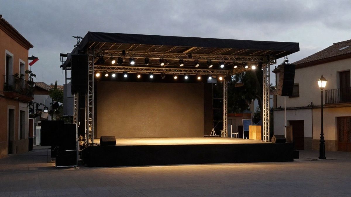 Imagen ilustrativa: escenario al aire libre vacío con focos de luz artificial durante la noche