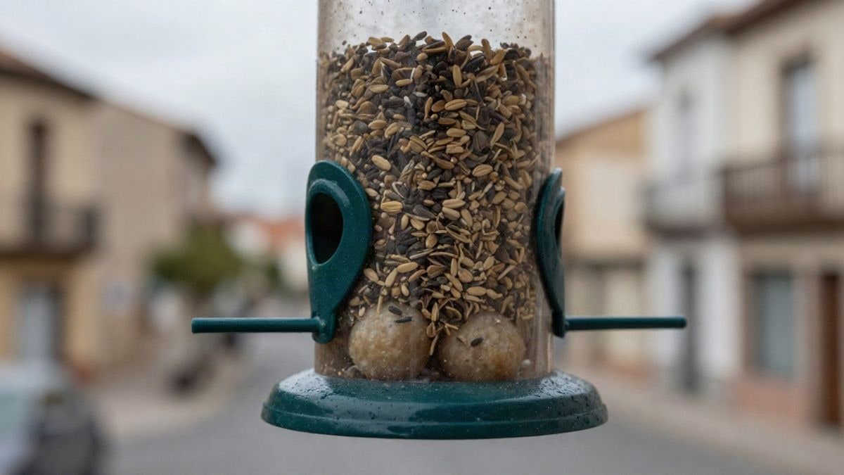 Imagen ilustrativa: primer plano de un comedero para pájaros colgado en un balcón