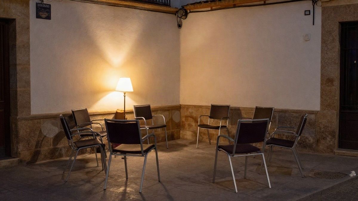 Imagen ilustrativa: sala comunitaria con sillas en círculo bajo luz artificial nocturna