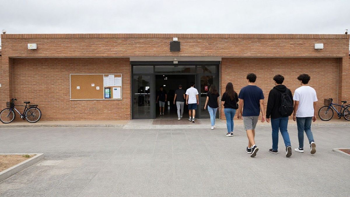 Imagen ilustrativa: jóvenes de espaldas entrando en un centro juvenil genérico con bicicletas aparcadas