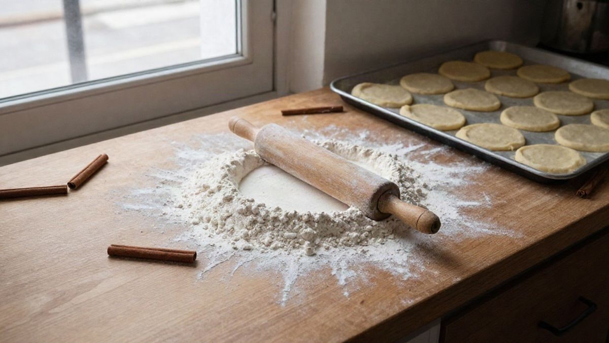 Imagen ilustrativa: vista cenital de una mesa de cocina con harina, un rodillo y rollos de canela sin hornear