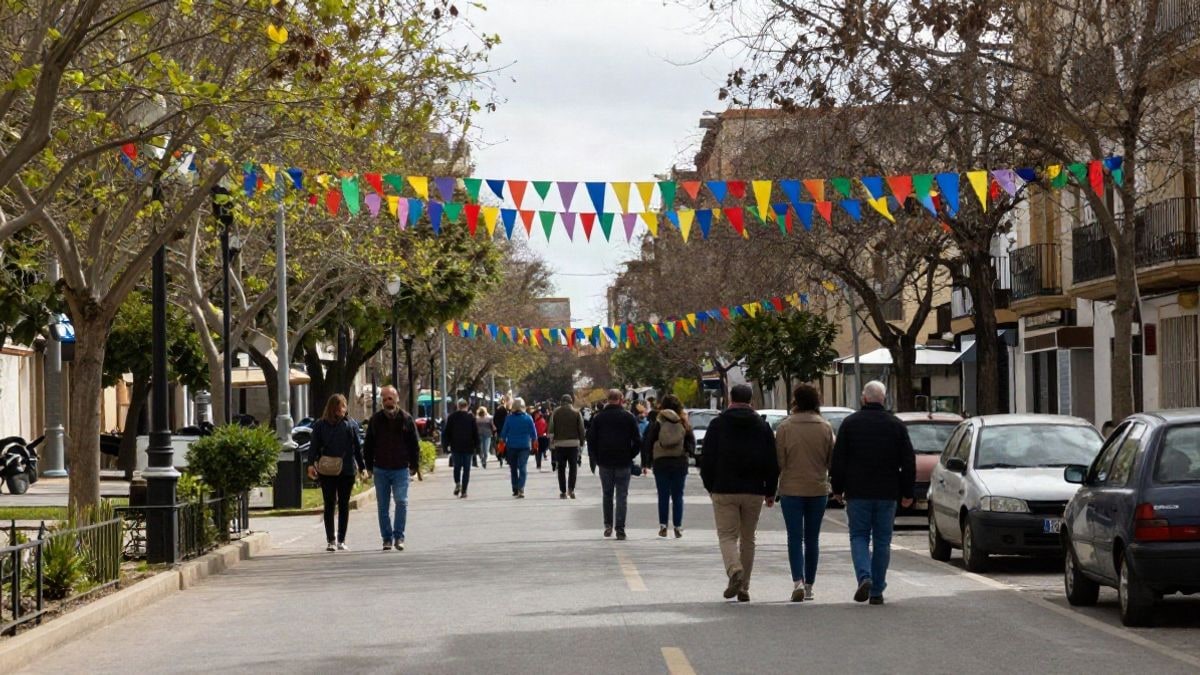 Imagen ilustrativa: un parque urbano con guirnaldas de colores y una paella sobre una mesa, al fondo se ven siluetas difusas de personas.