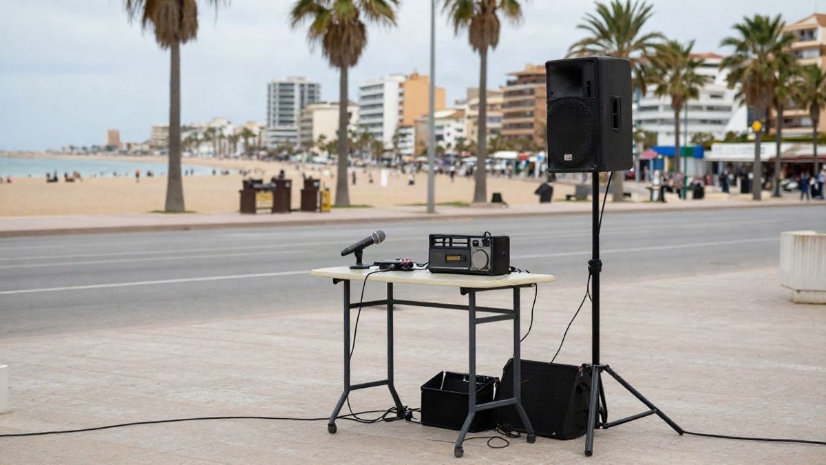 Imagen ilustrativa: equipo de radio instalado en un paseo marítimo con micrófono y altavoz, sin personas.