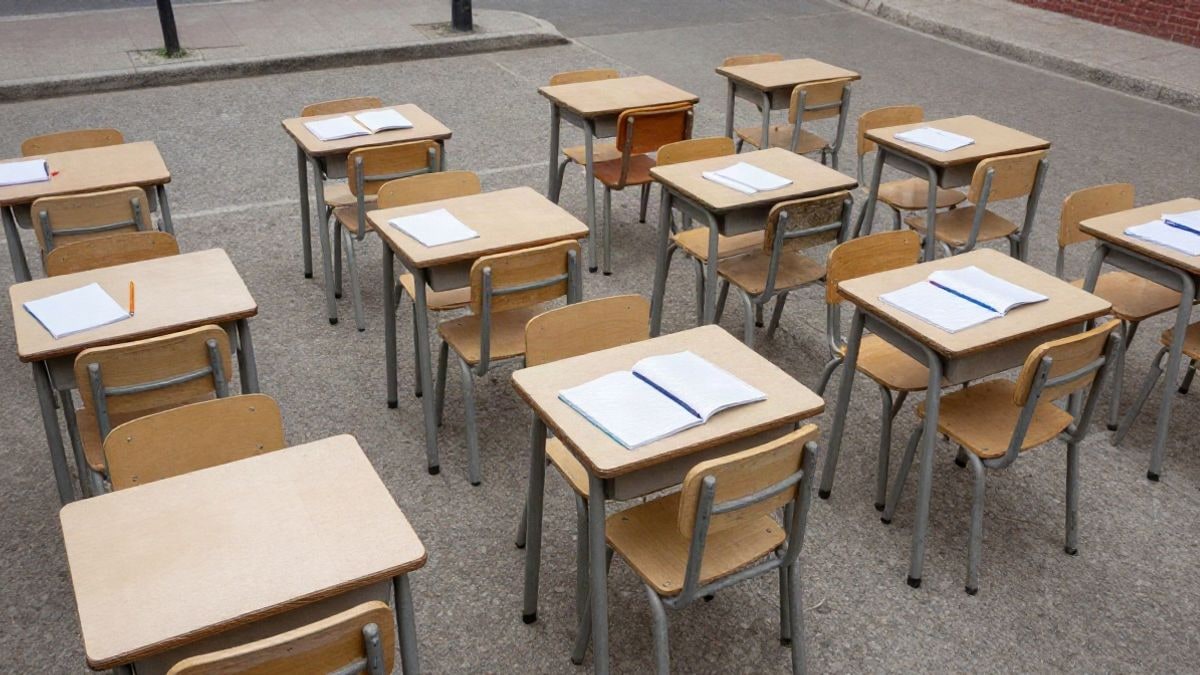 Imagen ilustrativa: aula de primaria vacía con pupitres y sillas en fila vistas desde arriba