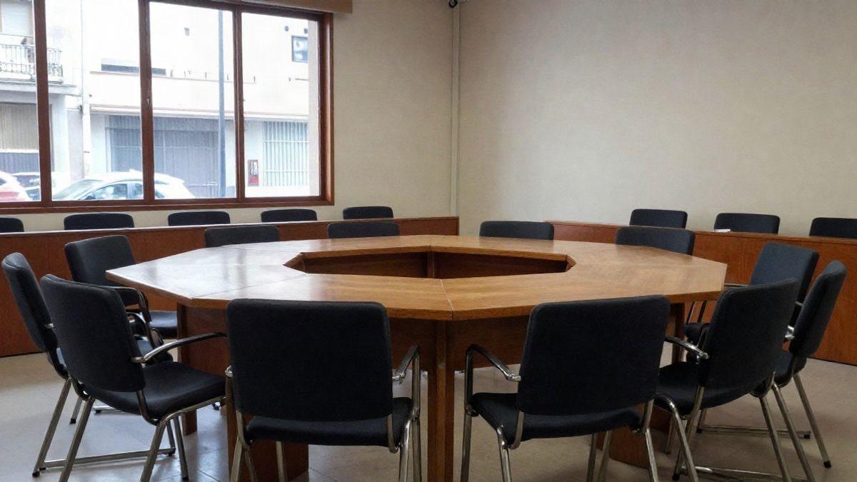 Imagen ilustrativa: sala de plenos genérica con sillas vacías y mesa de madera