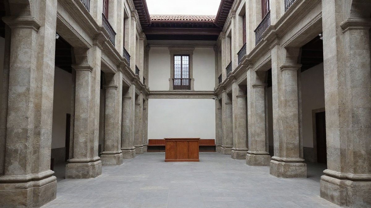 Imagen ilustrativa: interior de un salón institucional histórico con columnas de piedra y un atril vacío