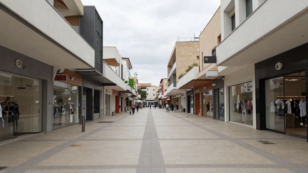 Imagen ilustrativa: una calle peatonal de un outlet con tiendas a ambos lados y arquitectura moderna, sin personas reconocibles