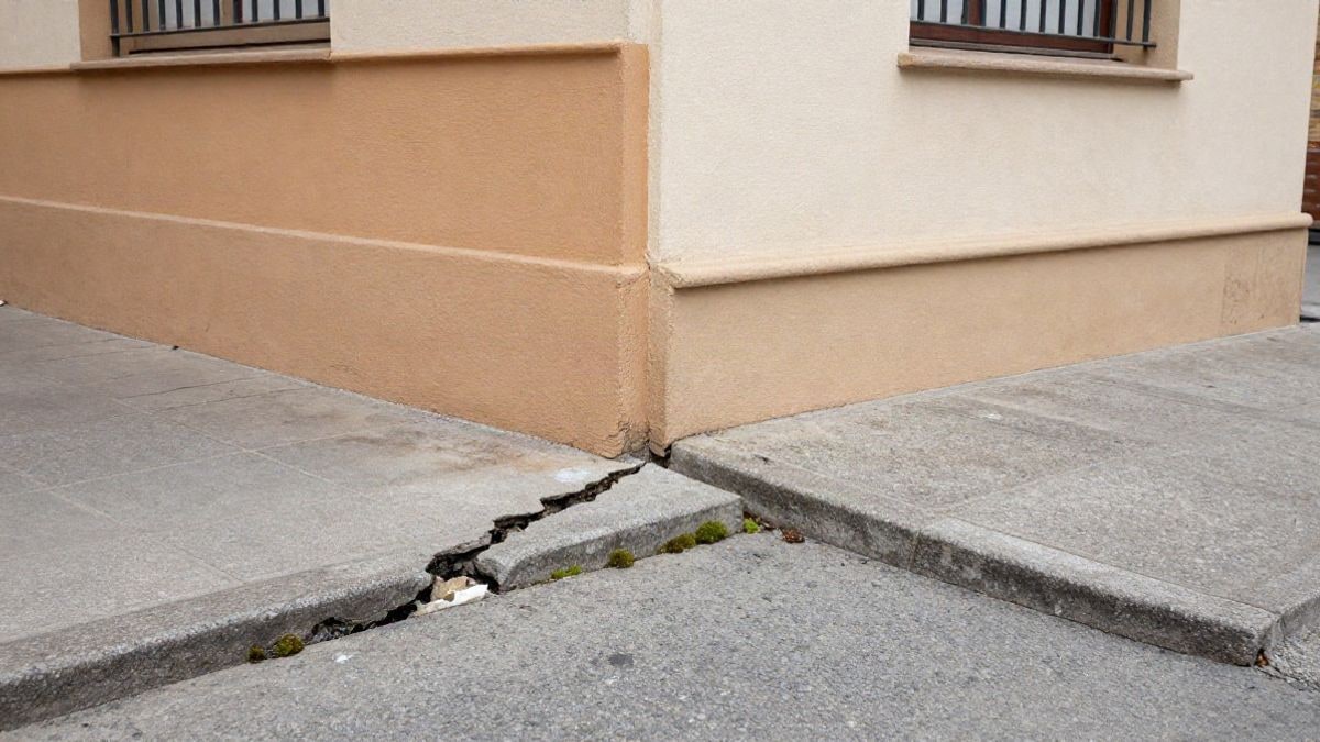 Imagen ilustrativa: detalle de un muro y pavimento de patio escolar con grietas y musgo
