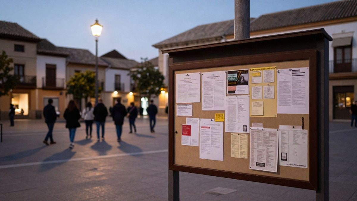 Imagen ilustrativa: tablón de anuncios comunitario en una plaza de noche bajo una farola