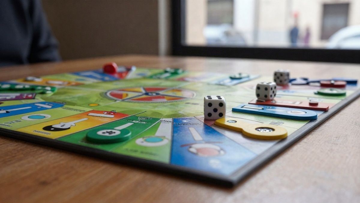 Imagen ilustrativa: piezas de juegos de mesa y dados sobre una mesa de madera