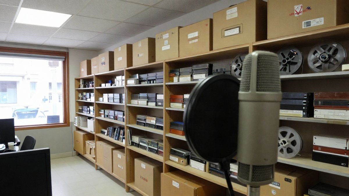 Imagen ilustrativa: un micrófono de radio en primer plano y estanterías con cintas y cajas de archivo al fondo en un estudio modesto.