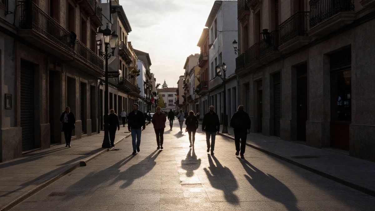 Imagen ilustrativa: contraluz al atardecer con siluetas y sombras largas en una calle genérica