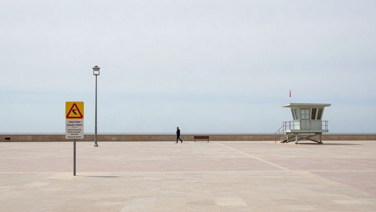 Imagen ilustrativa: paseo marítimo con un puesto de socorro genérico y un cartel de seguridad en la playa