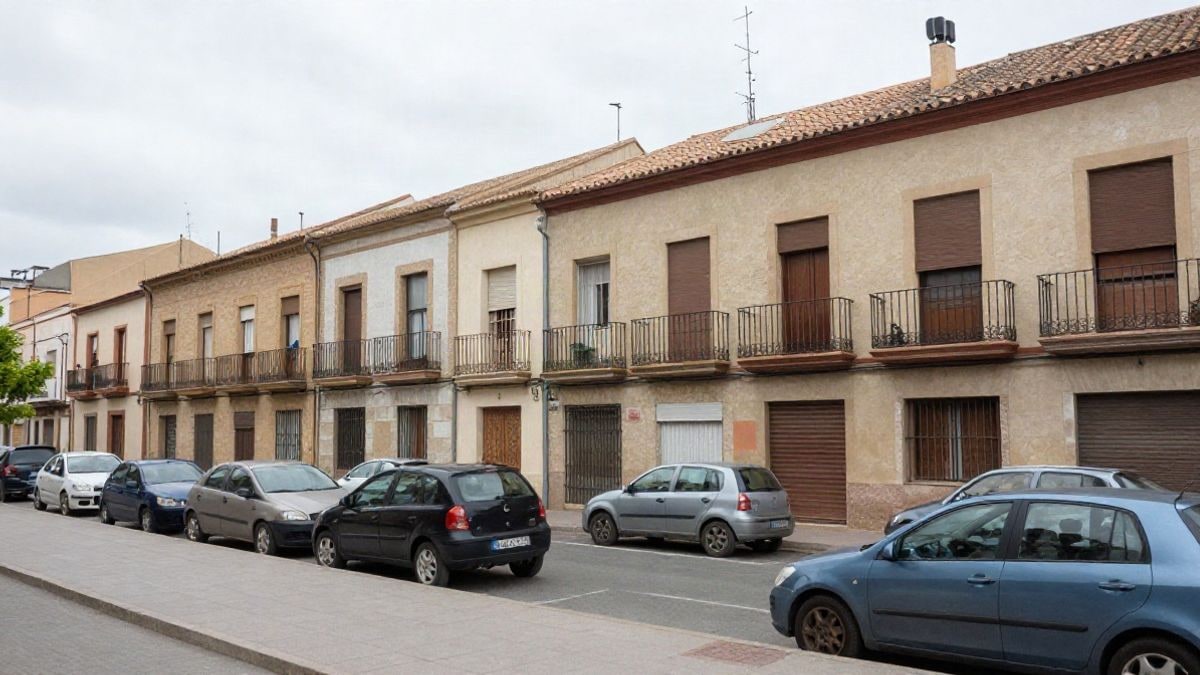 Imagen ilustrativa: fachadas de bloques de viviendas en una calle residencial corriente con coches aparcados