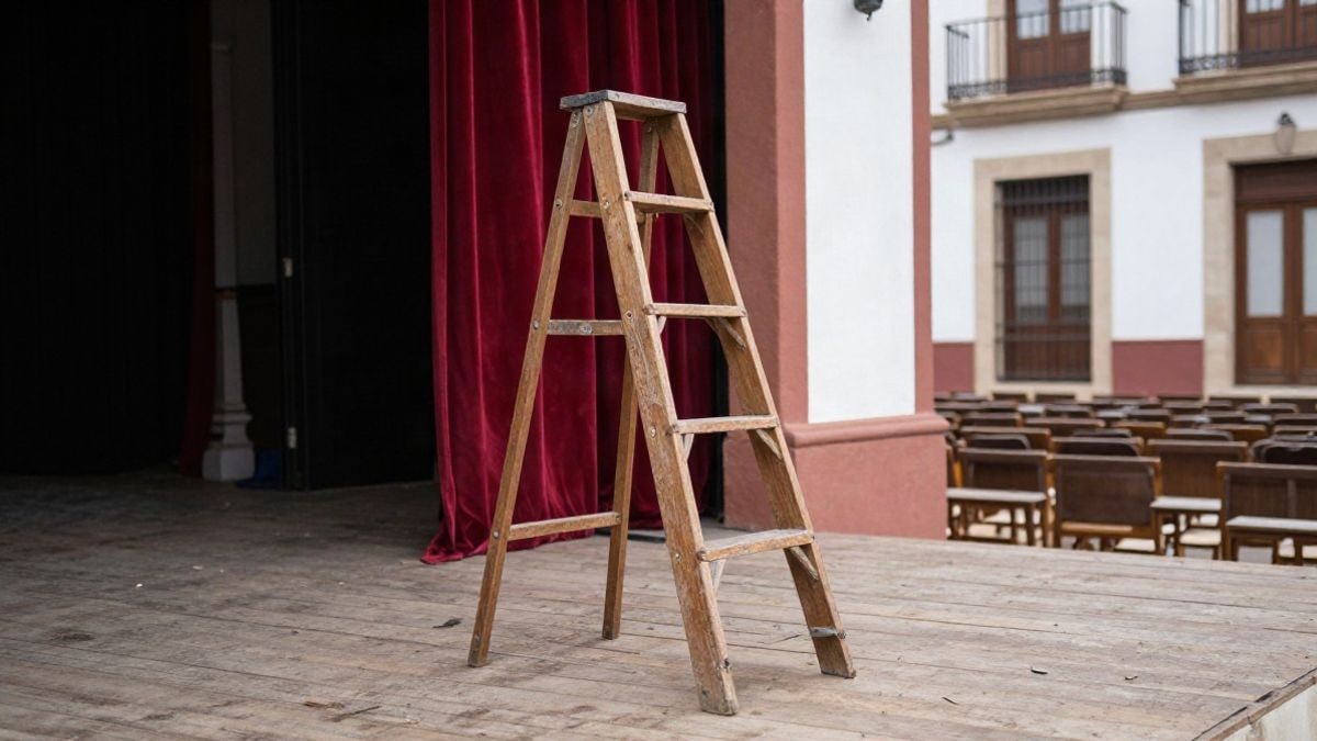 Imagen ilustrativa: una escala de madera sola sobre el escenario de un teatro pequeño con telón rojo al fondo