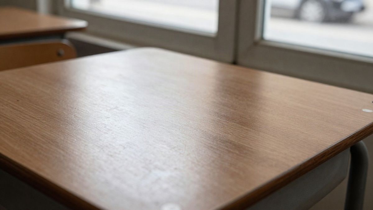 Imagen ilustrativa: detalle de la superficie de madera de un pupitre escolar con marcas de lápiz