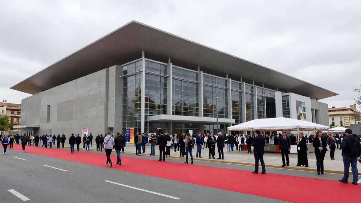 Imagen ilustrativa: fachada de un centro de convenciones con alfombra roja y vallas, sin personas visibles