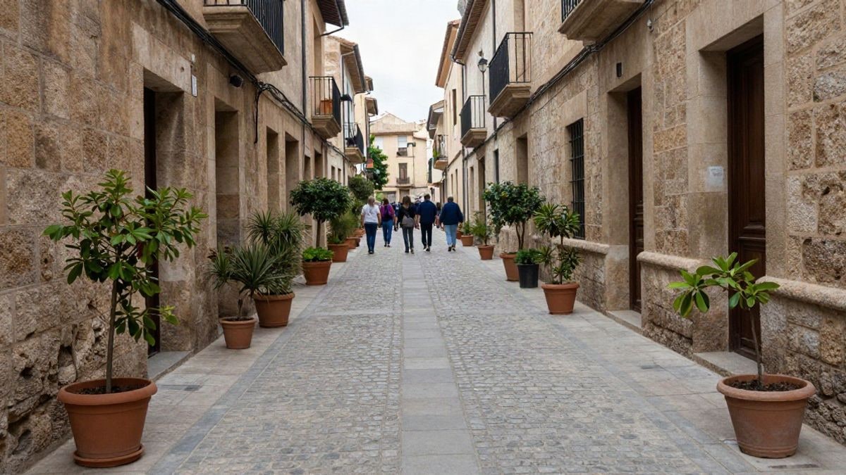 Imagen ilustrativa: calle estrecha de piedra en un casco antiguo mediterráneo bajo luz diurna nublada