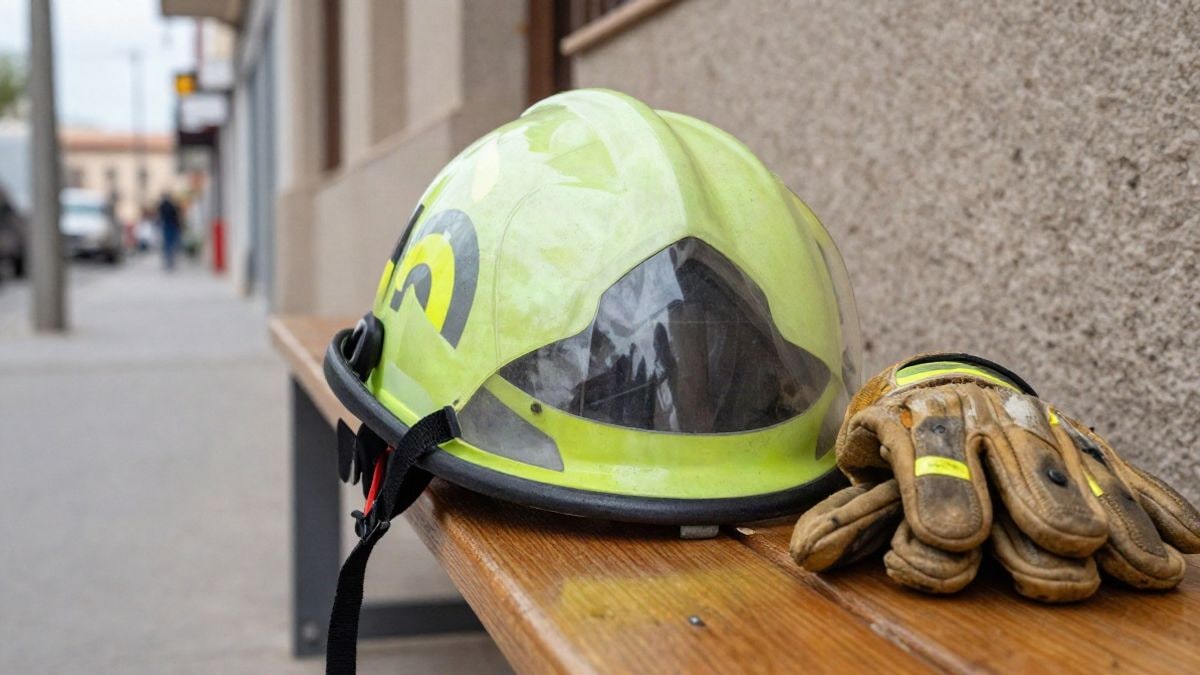Imagen ilustrativa: un casco y guantes de bombero sobre un banco en una sala de formación