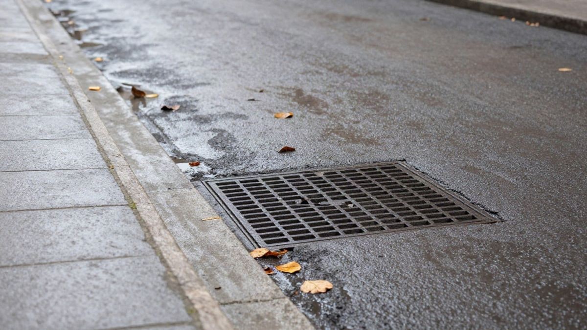 Imagen ilustrativa: detalle de asfalto mojado y alcantarilla en una calle corriente