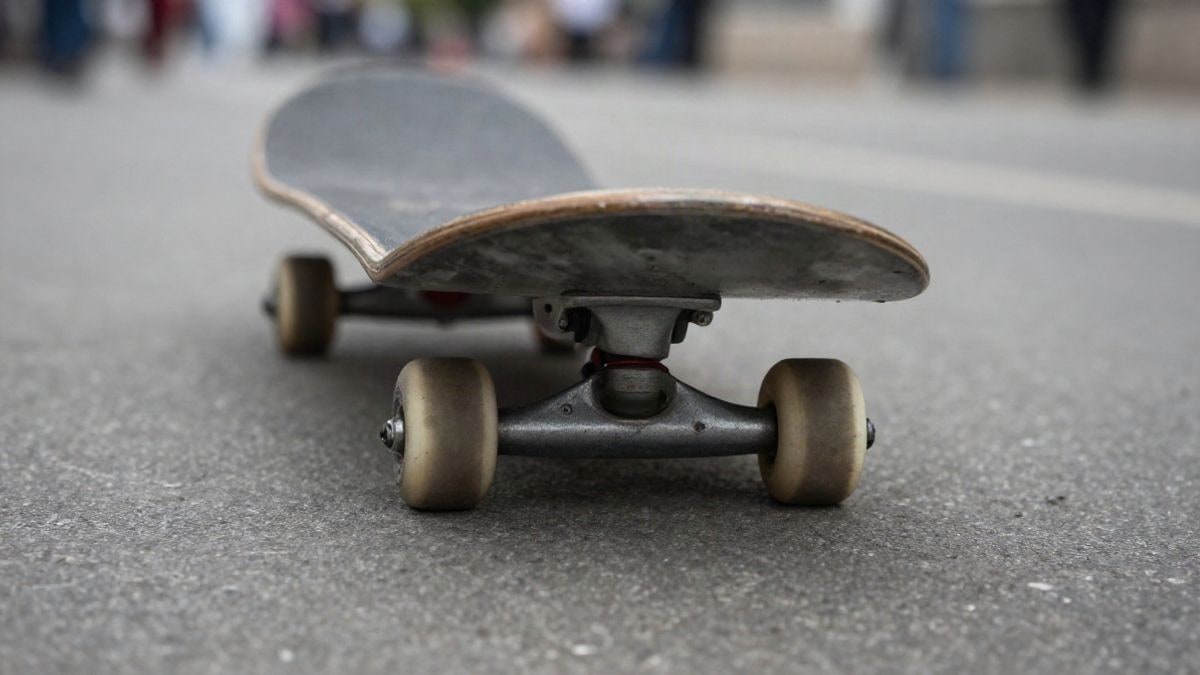 Imagen ilustrativa: primer plano de la rueda y el eje de un patinete sobre asfalto