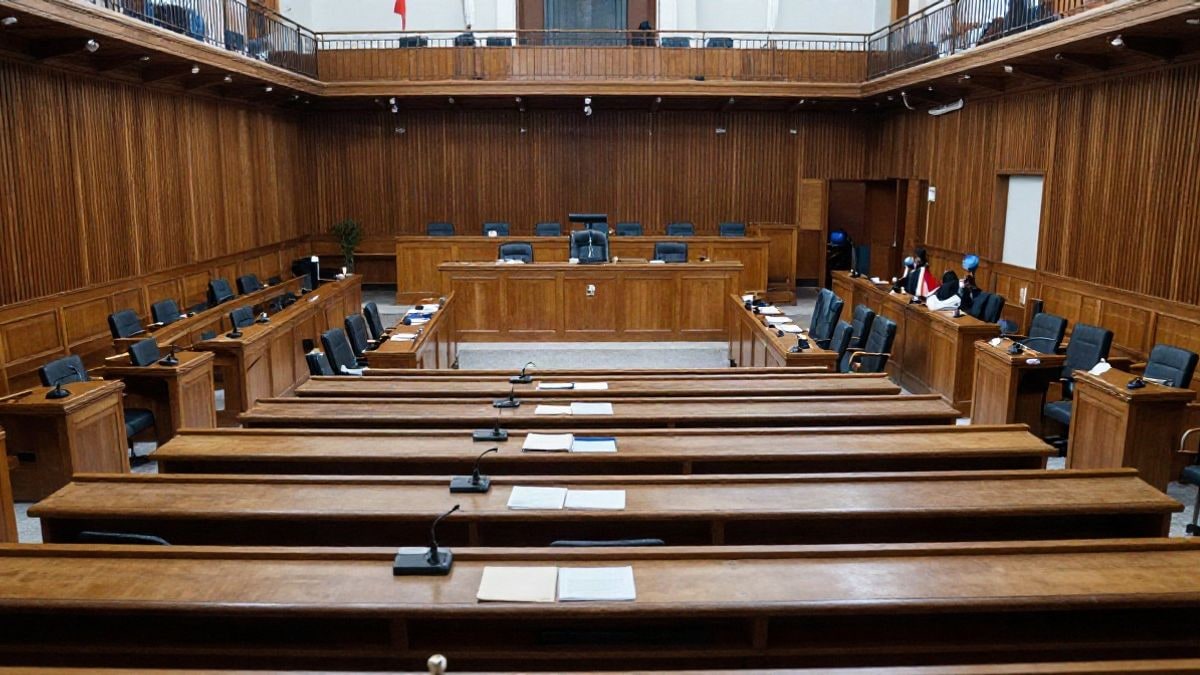 Imagen ilustrativa: sala de plenos municipal vacía con filas de asientos y micrófonos sobre las mesas