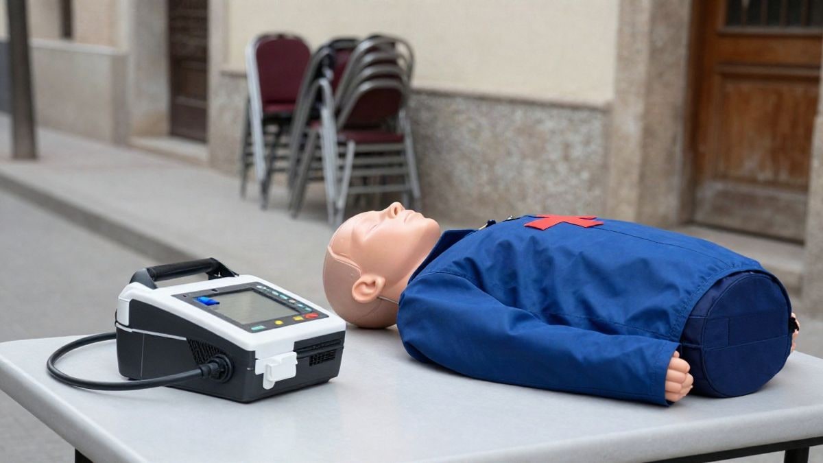 Imagen ilustrativa: desfibrilador y maniquí de entrenamiento de primeros auxilios sobre una mesa en una sala comunitaria con sillas apiladas al fondo