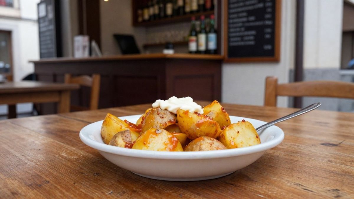 Imagen ilustrativa: plato de patatas bravas con salsa sobre una mesa de madera en un bar