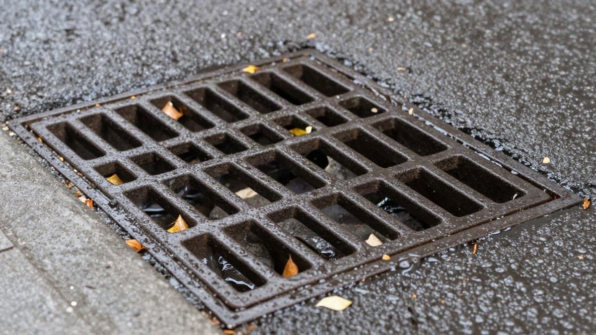 Imagen ilustrativa: primer plano de una alcantarilla urbana con agua acumulada y restos de hojas